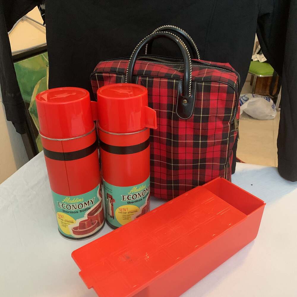 Vintage Never Used Aladdin Red Plaid Picnic Set. 2 Thermoses,Lunchbox,Carry Bag